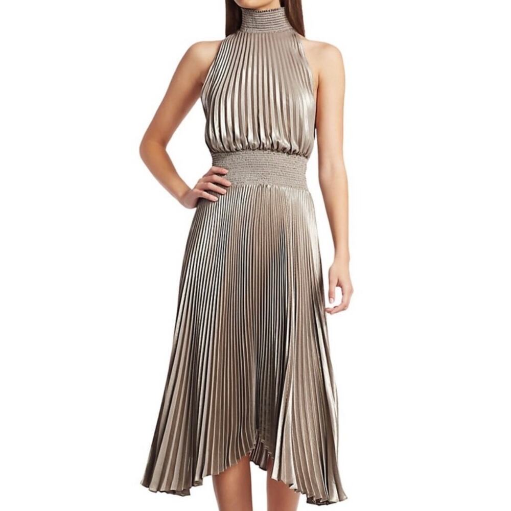 A.L.C. Renzo Pleated Cocktail Dress in Antique Gold size 8